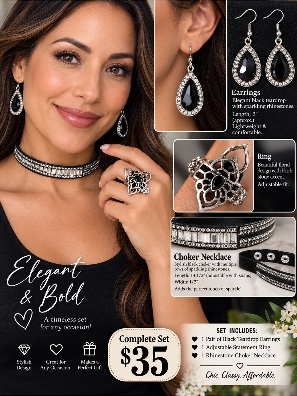 3 pcs Elegant Black Teardrop Earrings & Choker Jewelry Set